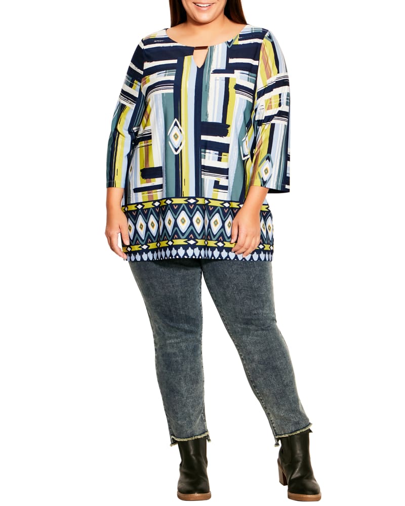 Front of a model wearing a size 14/16 Ada Keyhole Top in Navy / Chartreuse by avenue. | dia_product_style_image_id:234245